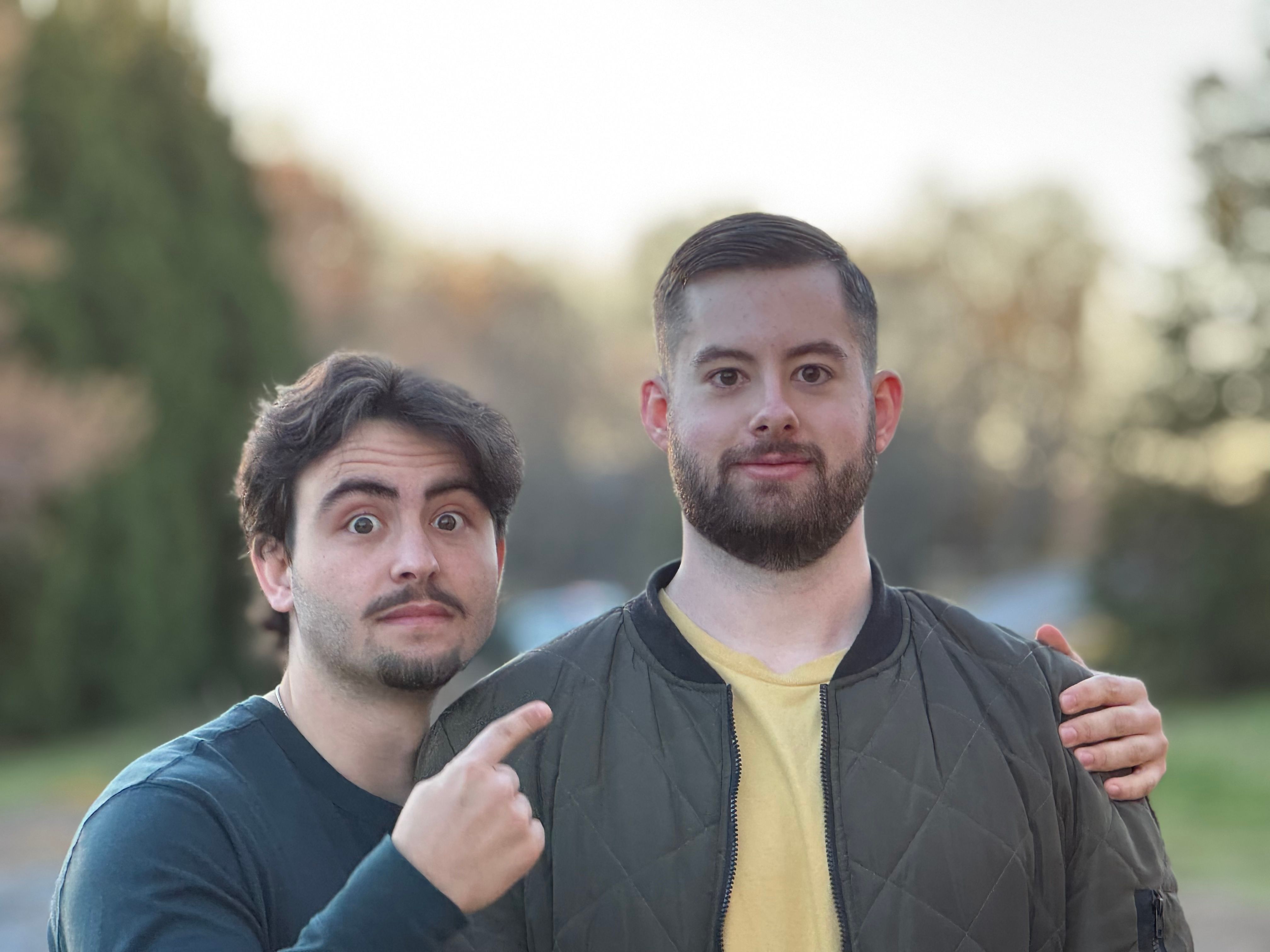 Lane and Ethan outdoors with surprised expressions